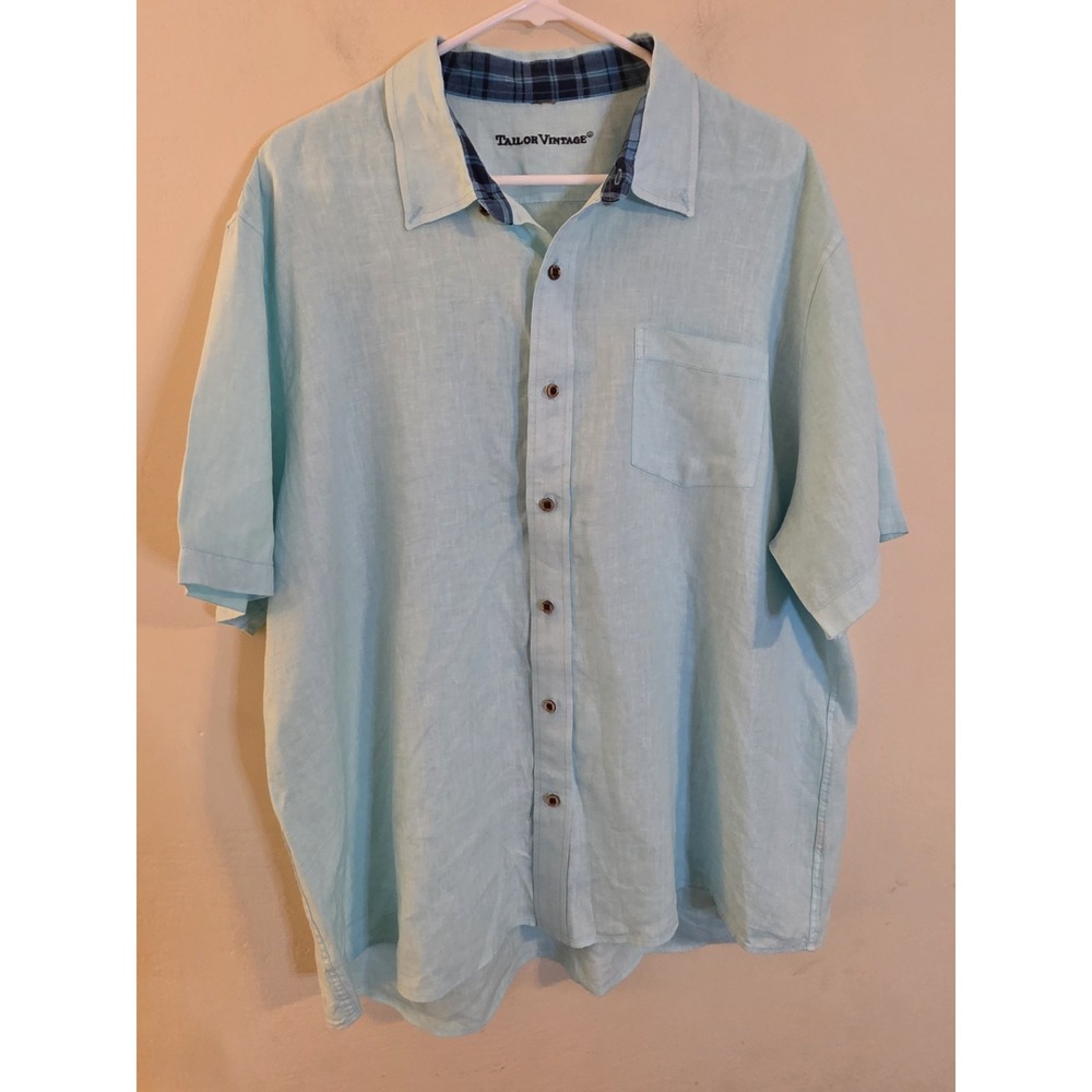 Taylor Vintage Men's Size XXL‎ Blue Linen Blend Button Down Shirt Golf Casual